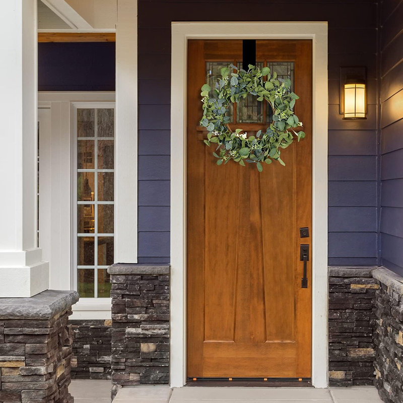Couronne d'eucalyptus - Vert - Couronne artificielle faite à la main de 22 pouces pour la porte d'entrée, le mur ou la décoration extérieure, décoration de printemps et d'été toutes saisons