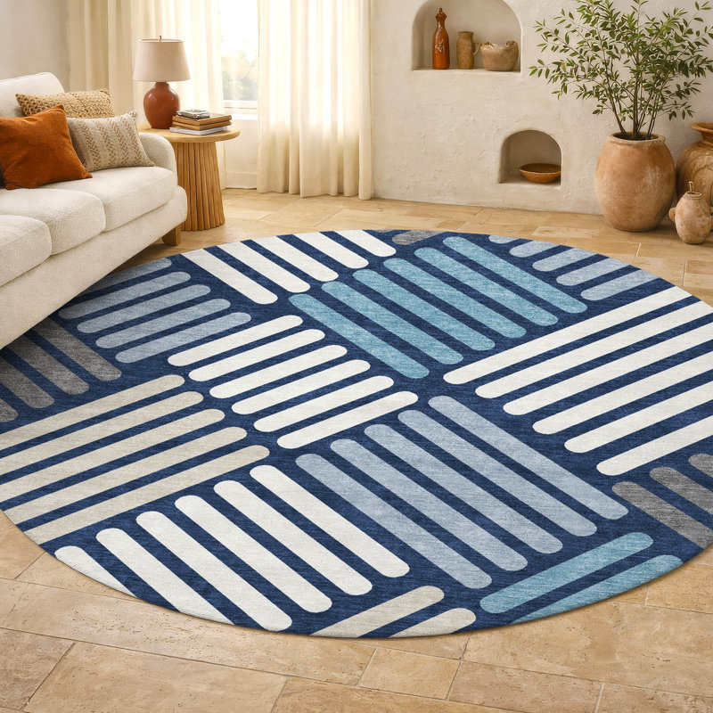 Premium Machine Washable Mayfield AMF2339 Geometric Rug, Navy, 8' Round