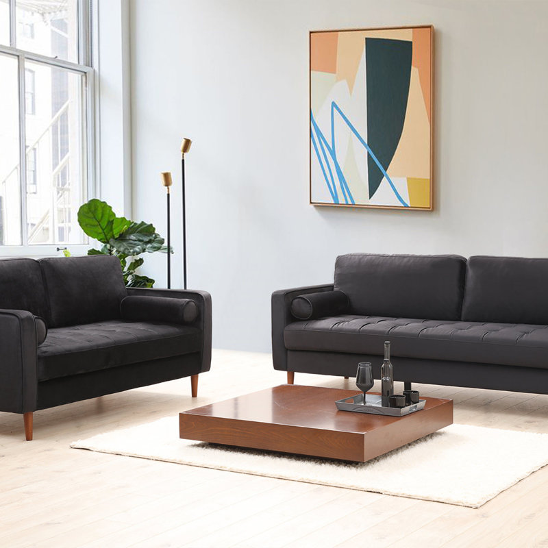Élégant canapé 2 places, noir et chêne, 68,9 po x 35,4 po x 27,6 po | Structure en bois de hêtre et en carton, tissu 100% polyester | Mousse grise de 8 cm et rembourrage en plumes de 5 cm | Comprend 2 coussins portatifs | Conception scandinave, facile à nettoyer