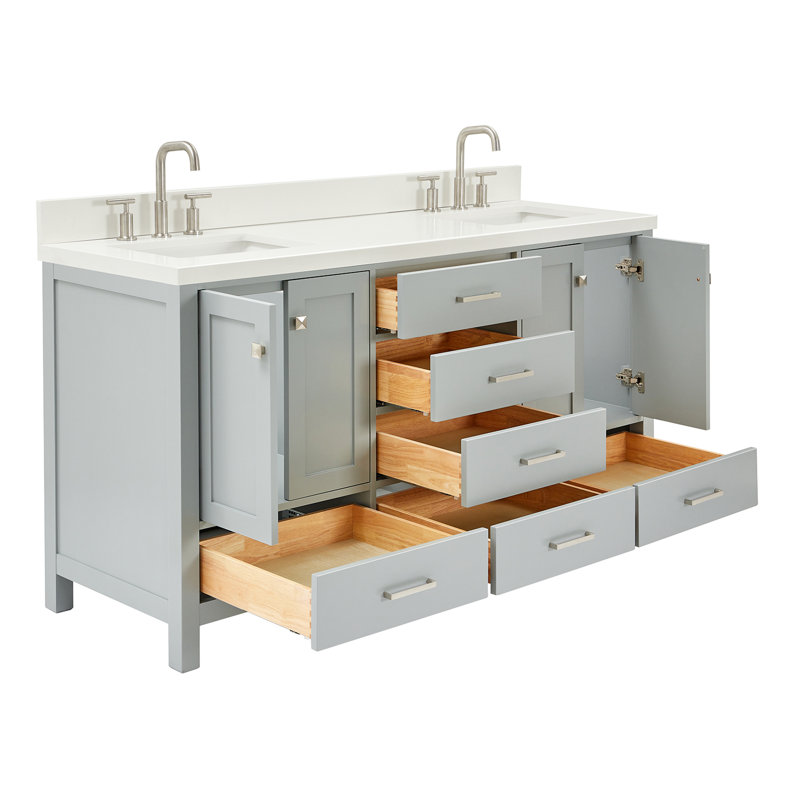 Cambridge 67'' Double Bathroom Vanity with White Quartz Top, Gray / Brushed Nickel