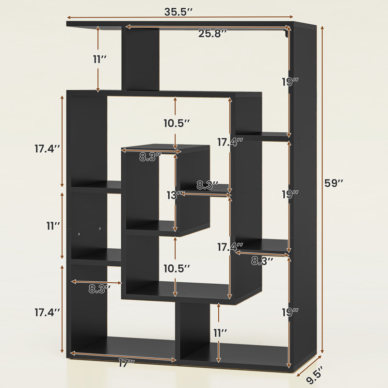 59" H Geometric Bookcase 4 Tier S-Shaped Room Divider Bookshelf, Black