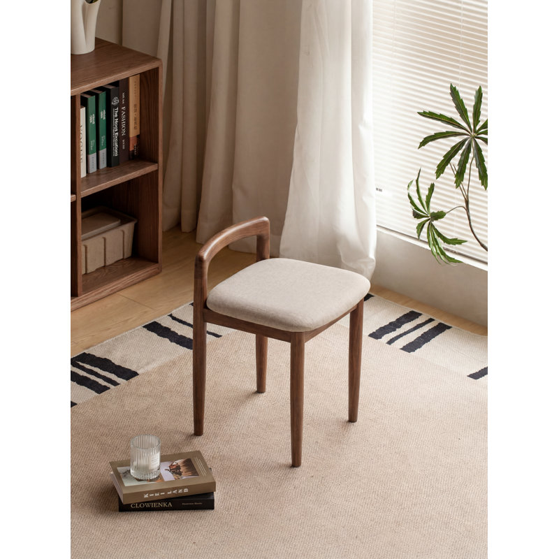 Solid Oak Vanity Stool with Upholstered Seat, Oak brown, Fabric, white