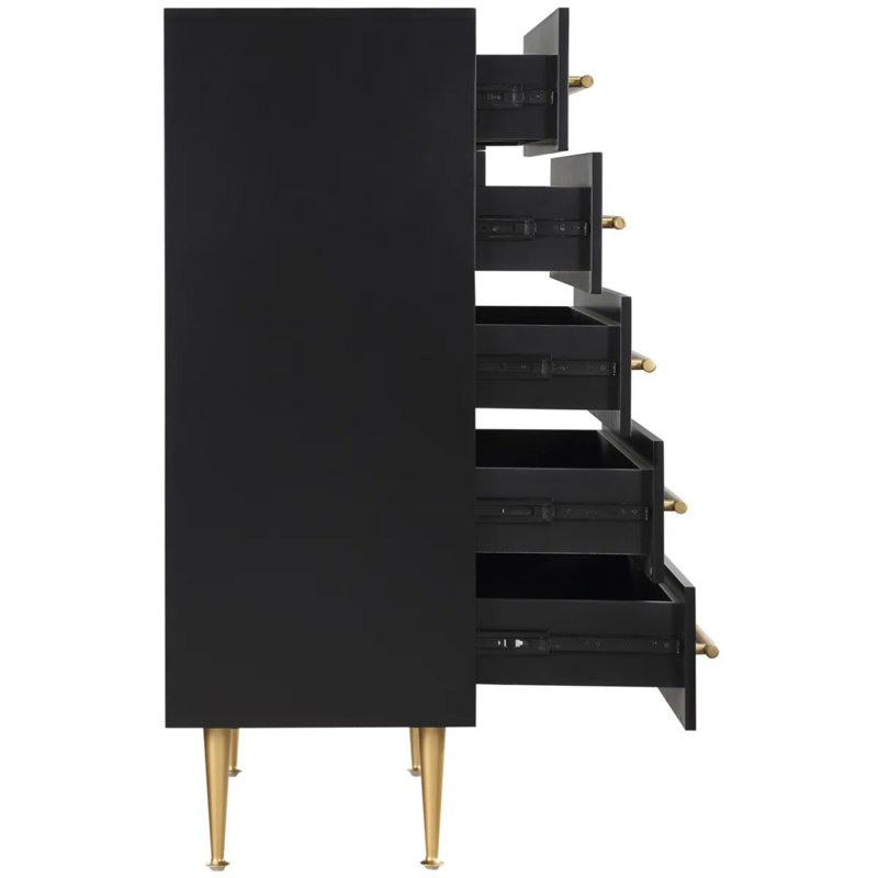 Commode contemporaine à 5 tiroirs avec détails dorés, commode 1 pièce pour chambre à coucher, unité de rangement en bois, noir