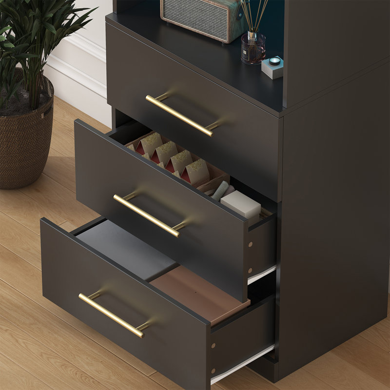 71" Tall Bookshelf With 3 Drawers & Led Light, Black