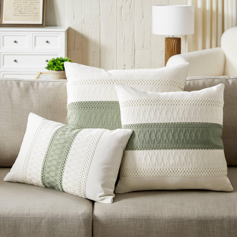 Sage Green and Off-White Cotton Boho Throw Pillow Covers 18x18 Inch