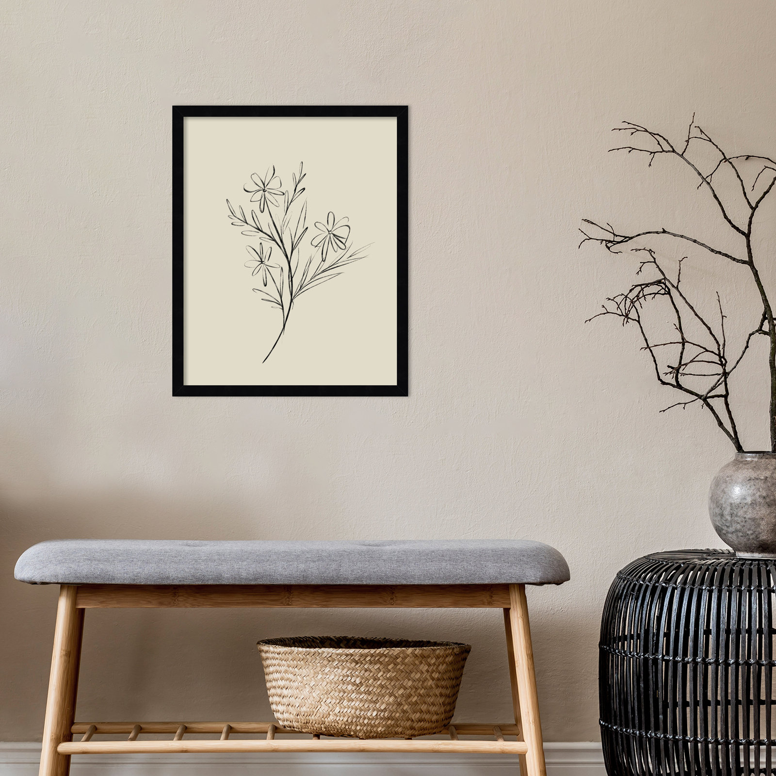 Line Drawn Flowers 1 Print, Black Framed, 17" W x 21" H x 1" D