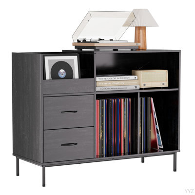 Record Player Stand With Power Outlet & Flip-Down Lid, Turntable Table With Storage For 300+ Vinyls, Media Console With 2 Drawers, 27.6" With Dust Pro by Dakota Fields