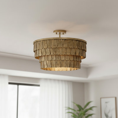 20.5" W x 14.5" H 4-Light Dual Mount Tiered Drum Pendant in Textured Ancestral Gold with Dangling Petal Adornments