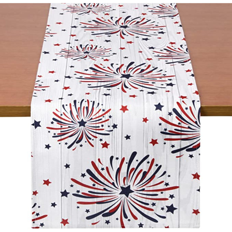 Fireworks Table Runner 4Th Of July Patriotic Memorial Day Independence Day Holiday Kitchen Dining Table Decoration,Holiday Burlap Table Cover, 13 X 70 Inch, Americana Stars, Red, White, Blue.