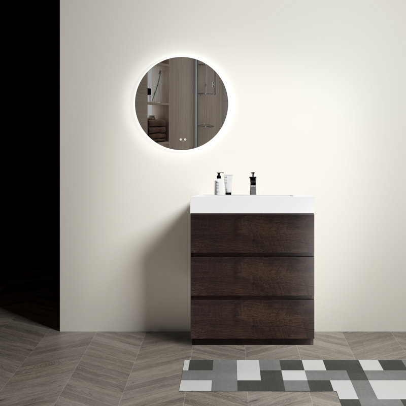 30" Walnut Bathroom Vanity - , Contemporary Storage Part, Large Storage, White Sink, Drawers Modern Decoration Item, Max Basin, Quiet Drawer Slides