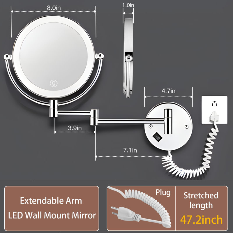 Wall Mounted Lighted Makeup Mirror With Magnification, 8-Inch 1X/10X Wall Mount Magnifying Mirror For Bathroom, Touch Dimmable, 360 Degree Swivel, 2-Sided, Extendable Arm