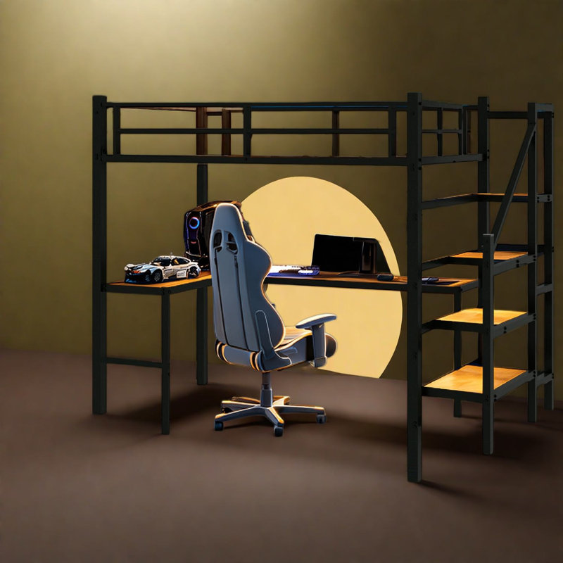 Lits gain d'espace avec rangement, lit mezzanine simple en métal et bois noir, style moderne