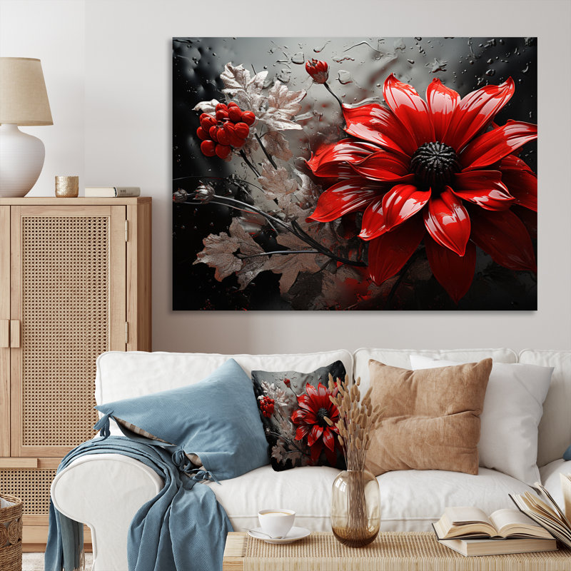 «Red Grey Botanical Symphony II», art mural botanique abstrait, H 12 po x l 20 po x P 1 po, Toile tendue