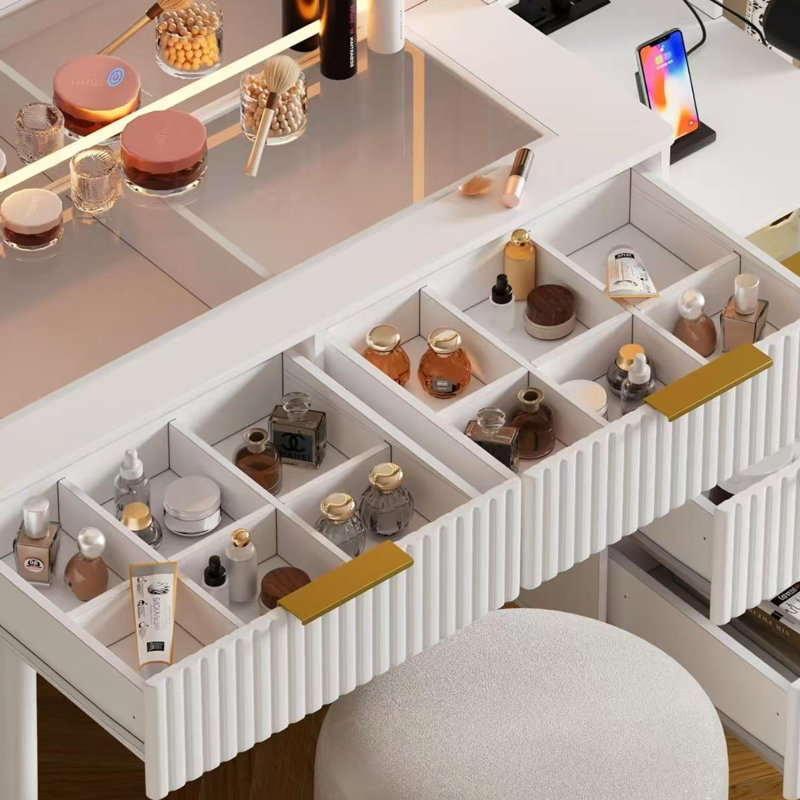 Coiffeuse pour femmes avec miroir et lumières, plateau en verre, tablettes de rangement ouvertes, 11 tiroirs - bureau de coiffeuse blanc, panneau de maquillage cannelé, luminosité réglable, rangement, pour femmes