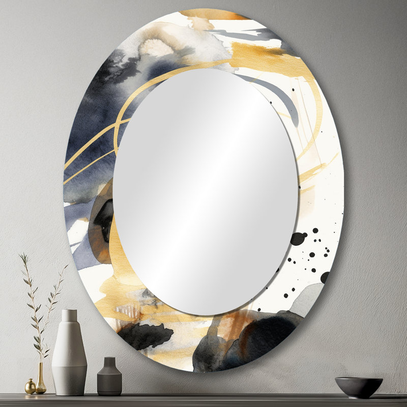 Abstrait pastel avec taches bleues noires et dorées - Miroir décoratif ovale abstrait sur métal, 43 po x 33 po