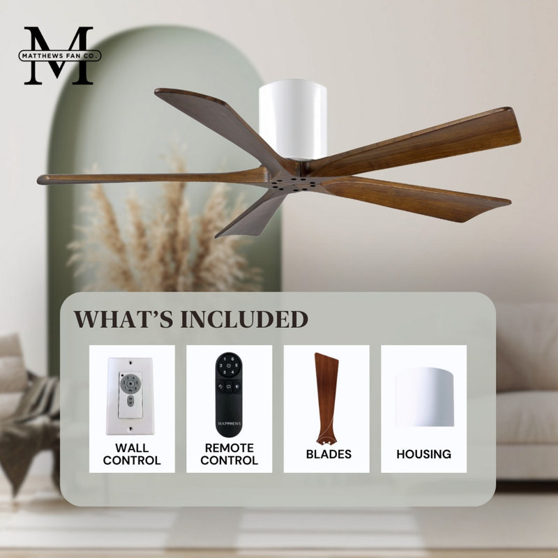 60" Irene 5-Blade Hugger Ceiling Fan with Wall Remote, Gloss White, 52", Walnut Tone