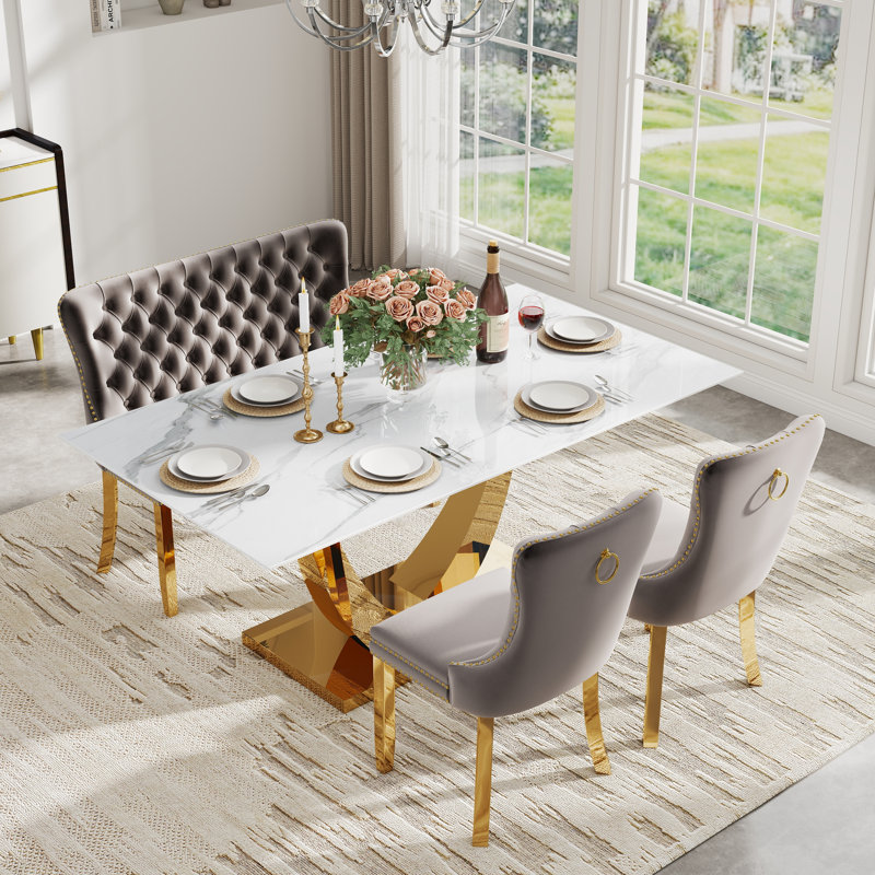 Table de salle à manger rectangulaire en verre trempé avec banc capitonné, table de salle à manger de luxe avec chaise capitonnée en velours pour salle à manger