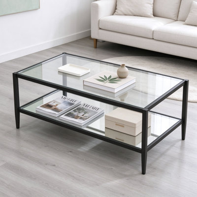 Modern Rectangular Coffee Table with Tempered Glass Top and Storage Shelf, Blackened Bronze Metal Frame, Contemporary Living Room and Studio Apartment Furniture