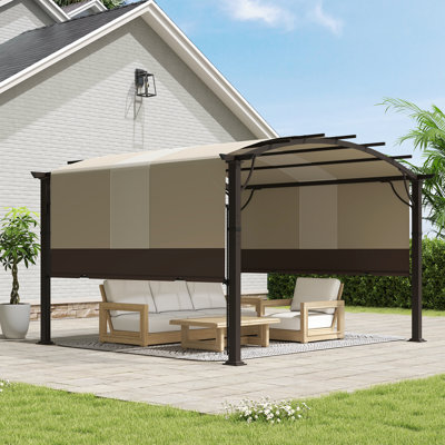 Pergola d'extérieur en aluminium 10 pi x 10 pi avec auvent légèrement arqué et abat-jour rétractable brun