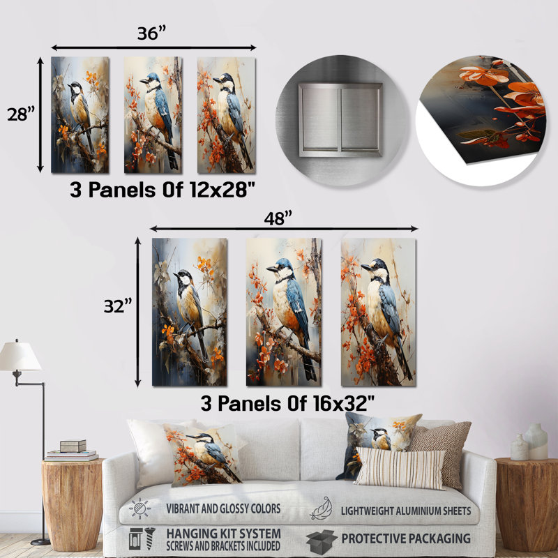 «Transcendent Neutrals Portray Birds As Spiritual», ensemble de 3 reproductions d'art mural en métal, H 32 po x l 48 po