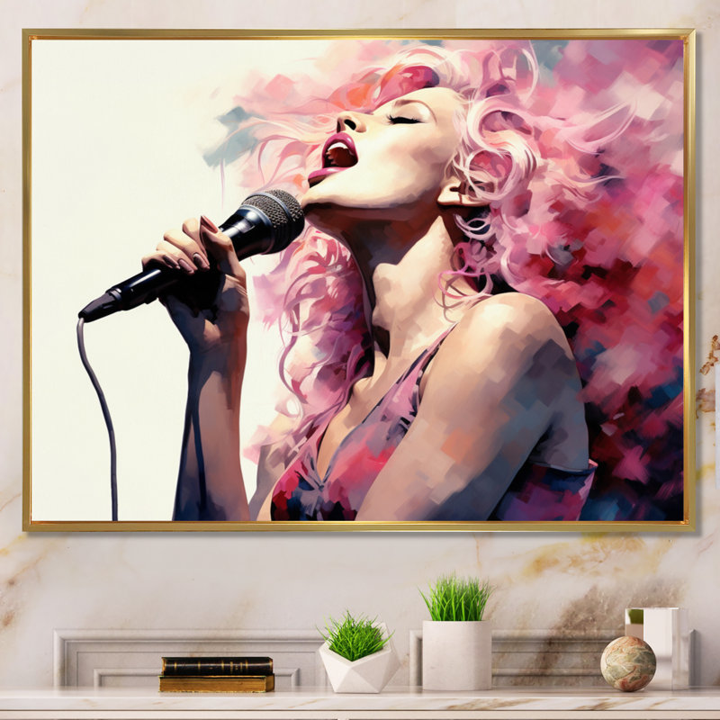 «Pink Black Music Vocal Expression II», reproduction d'art sur toile, H 24 po x l 32 po x P 1 po, Cadre flottant doré