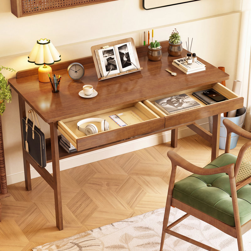 Bureau d'écriture en bois massif avec tiroirs, bureau moderne Mid-Century de 47 po, bureaux d'ordinateur et tablette de rangement vintage, table d'étude en bois pour les petits espaces de chambre à coucher, poste de travail de maquillage d'étude, noyer