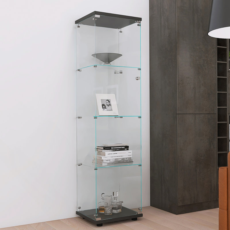 Vitrine en verre avec 4 tablettes et porte, Noir / Transparent