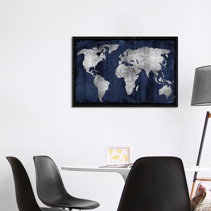 The World - Silver On Blue by Russell Brennan - Print on Canvas, 101.6 cm H x 66.04 cm W, Black Floater Framed