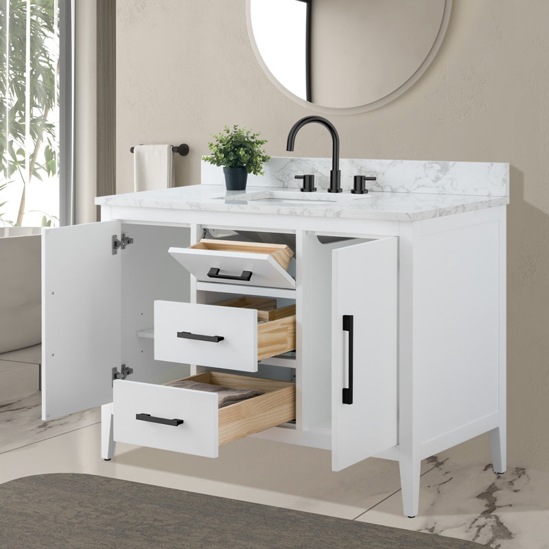 Meuble-lavabo simple 48 po avec plateau en marbre, Noir mat, Blanc