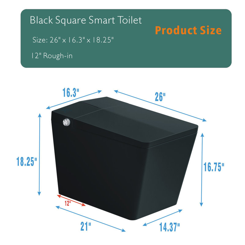 Matte Black Square Ceramic Smart Toilet with Built-In Tank and Heated Seat