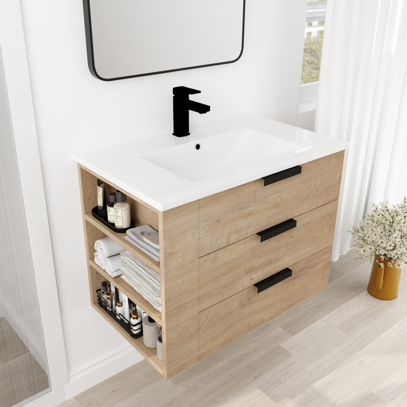 Meuble-lavabo de 30 po au mur, surface imitation chêne, 3 tiroirs, lavabo en résine, poignée, tablette latérale réglable pour une utilisation de l'espace Armoire de 30 po rayonnante, à fermeture douce, ambiance rayonnante