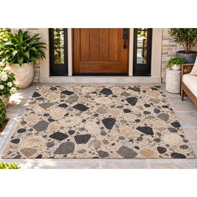 5' x 7' Outdoor Area Rug Terrazzo Stone Beige Black Heavyweight Waterproof PVC Coil Loop Carpet, Patio Rug Quick Dry Mat for Large Doormat Porch Deck Balcony Entryway RV Camping