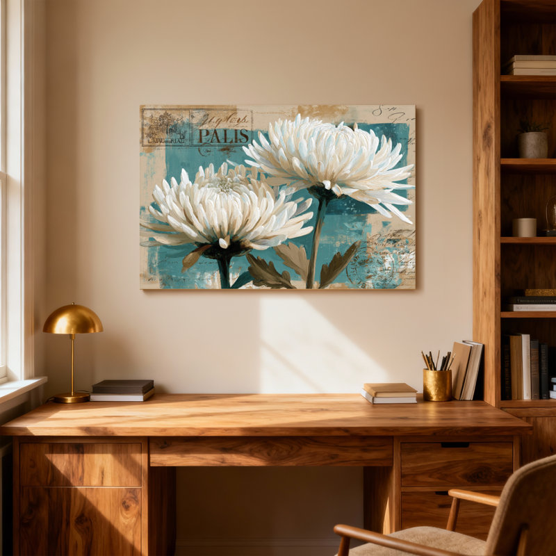 Plantes et fleurs de chrysanthèmes blancs sur fond rétro avec éléments de texte, H 24 po x l 36 po