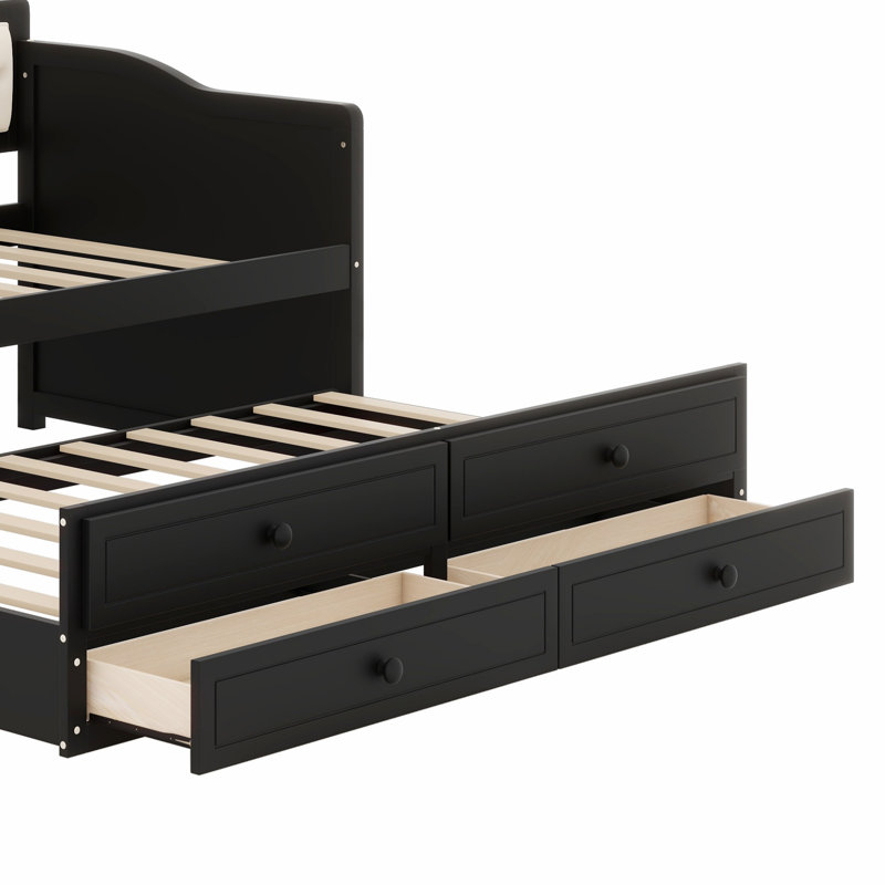 Modern Upholstered Daybed with Trundle and Storage Drawers, Button-Tufted Backrest, Black