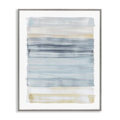 Tranquil Blue Beige Stripes Pattern Casual Painting Grey Farmhouse Rustic Framed Giclee Texturized Art by Dan Meneely