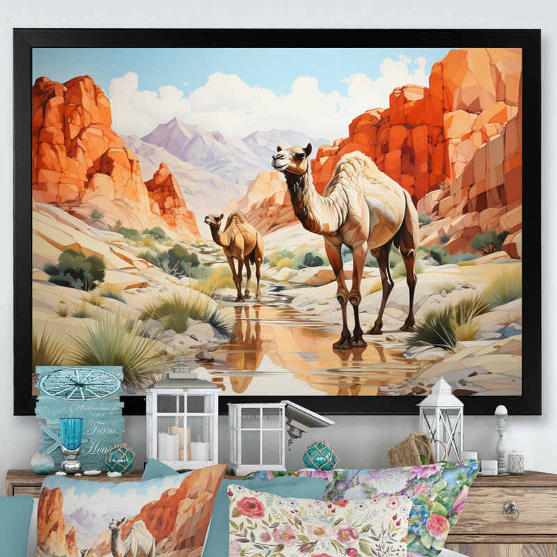 «Camel Desert Wanderer Geometric», reproduction sur toile, H 24 po x l 32 po x P 1 po, Cadre simple noir