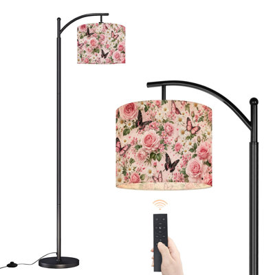  Lampe sur pied à arc avec roses roses, papillons, marguerite, grande lampe moderne sur pied, abat-jour réglable en lin à 3 couleurs
