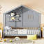 Structure de lit simple pour maison avec rangement, gris ardoise en bois massif avec tablettes intégrées et bande lumineuse sur le toit