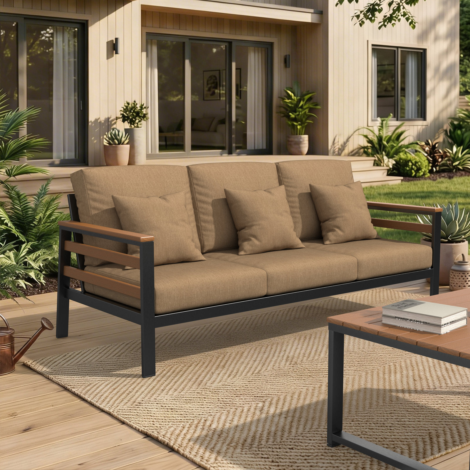 Townsend 80" Sunbrella® Patio Sofa, Canvas Heather Beige, Antique Mahogany