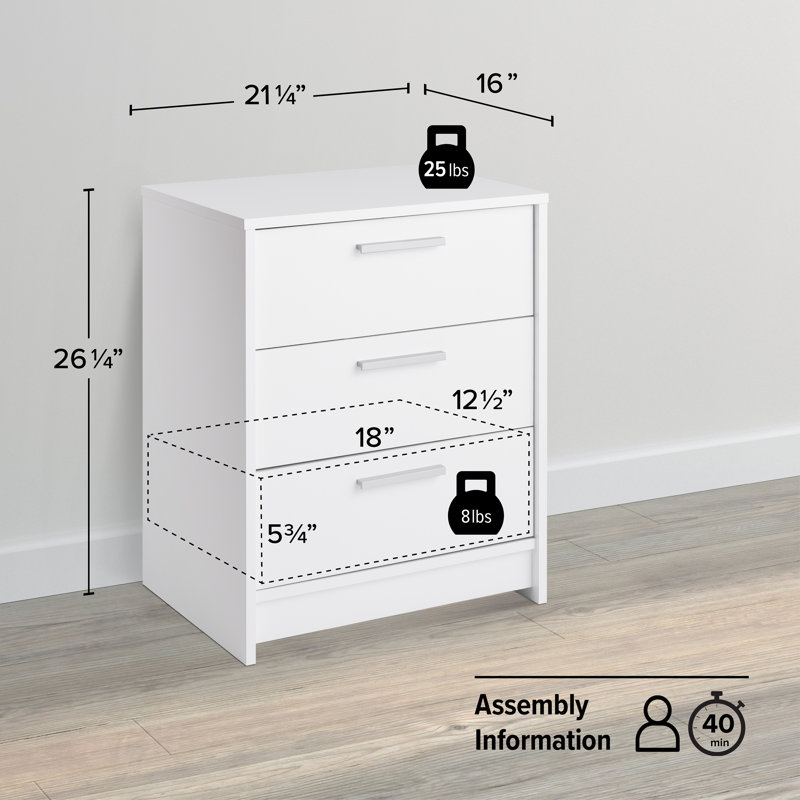 White 3-Drawer Wood Nightstand with Engineered Composite Top