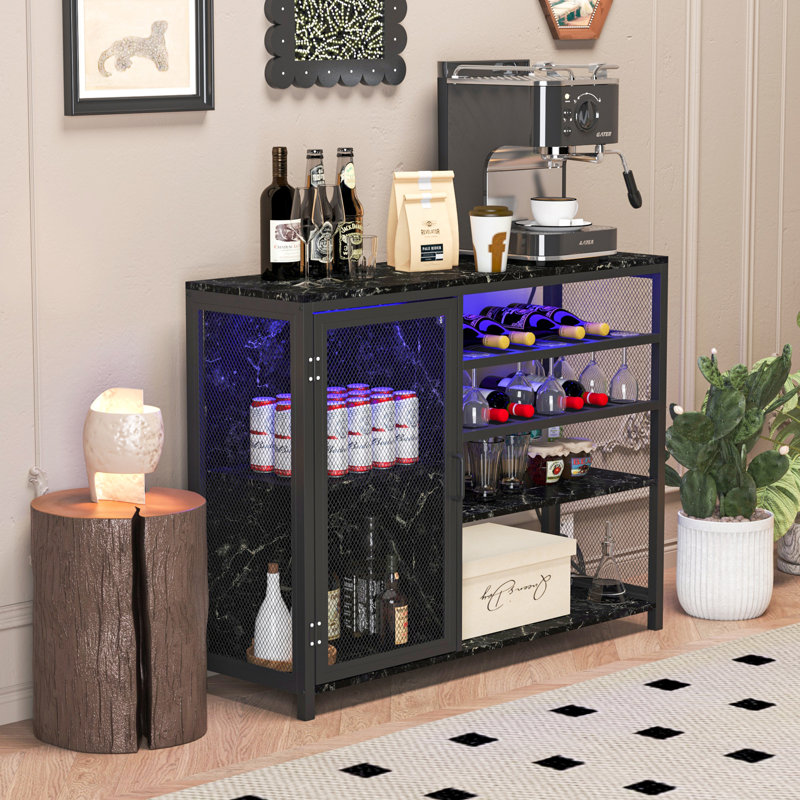 Gray and Silver Metal Bar Cabinet with Wine Racks and Stemware Holder
