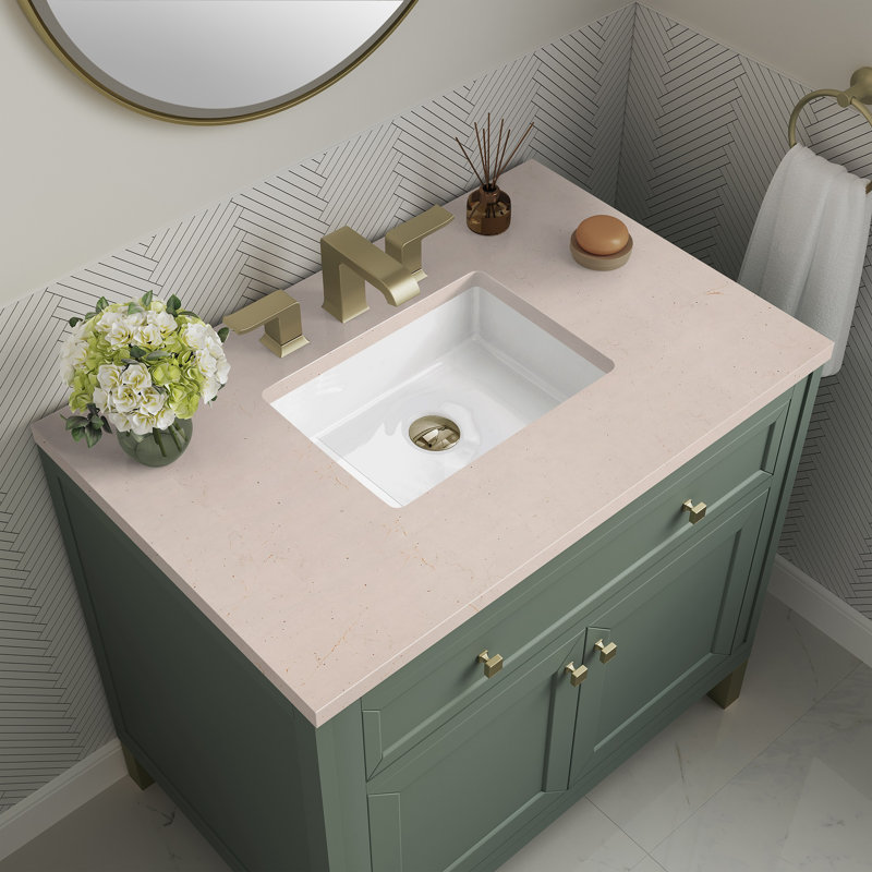 Chicago 36' W Single Vanity, Smokey Celadon, Eternal Jasmine Pearl Quartz, 8" Widespread