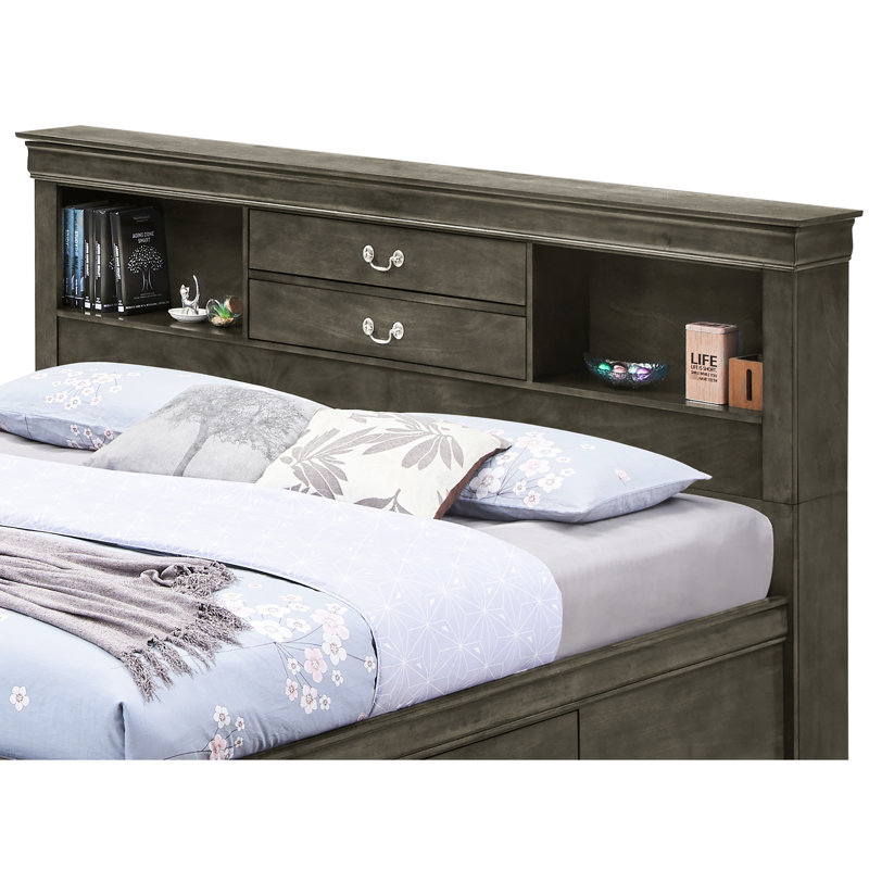 Grand lit traditionnel gris avec rangement - H 49 po x l 67 po x P 87 po pour un espace de vie propre et optimisé