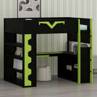 Lit mezzanine de jeu avec bureau intégré, éclairage à DEL RVB, prise de courant, bibliothèque, panneau perforé, plateau à clavier et rangement