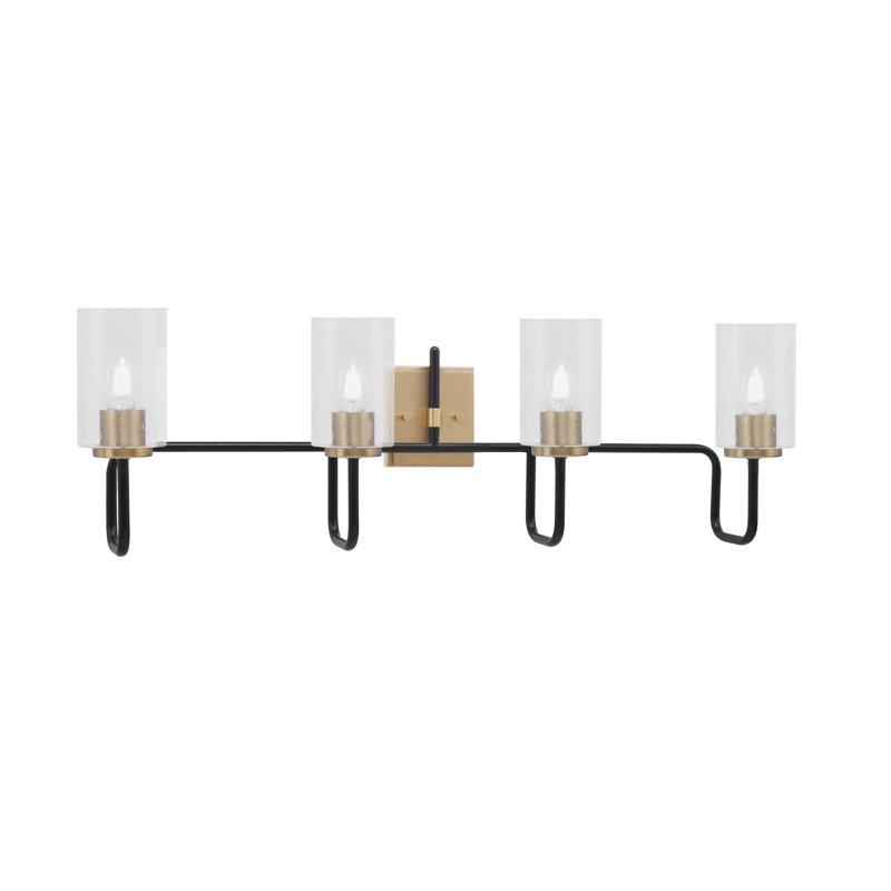 Barre d'éclairage de salle de bain 4 lumières Amarmula, noir mat et laiton vieilli, verre bullé transparent de 4 po, Clair