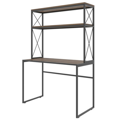 Bureau d'étude moderne avec bibliothèque, noir et pin, 41,3 po x 29,5 po x 19,7 po | 100% panneau de particules enduit de mélamine, 0,7 po d'épaisseur | Cadre en métal durable | Fixation murale | Design industriel élégant avec de nombreuses tablettes