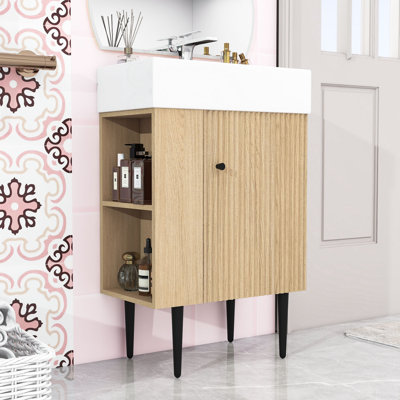 Meuble-lavabo simple autoportant moderne avec plateau en céramique, porte à fermeture en douceur et grand rangement Jarrow