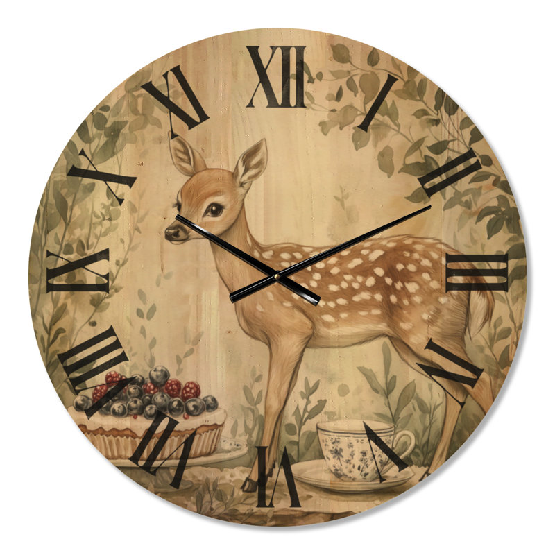 Fawn Tea Party II - Horloge murale Cottage, impression sur bois, Médium