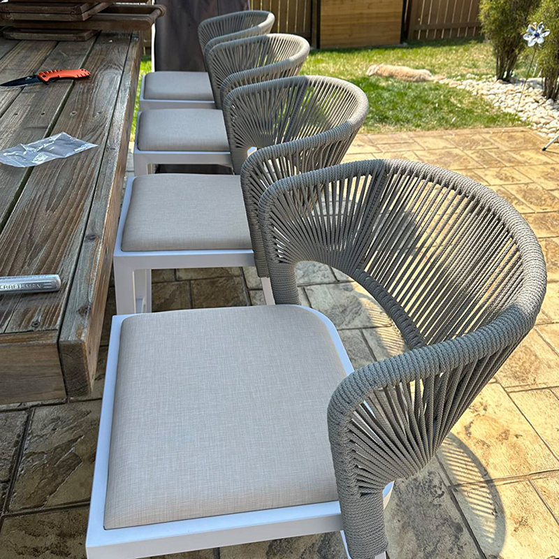 Brasia 29.72" Patio Bar Stool with Cushion, White Frame/White Cushion