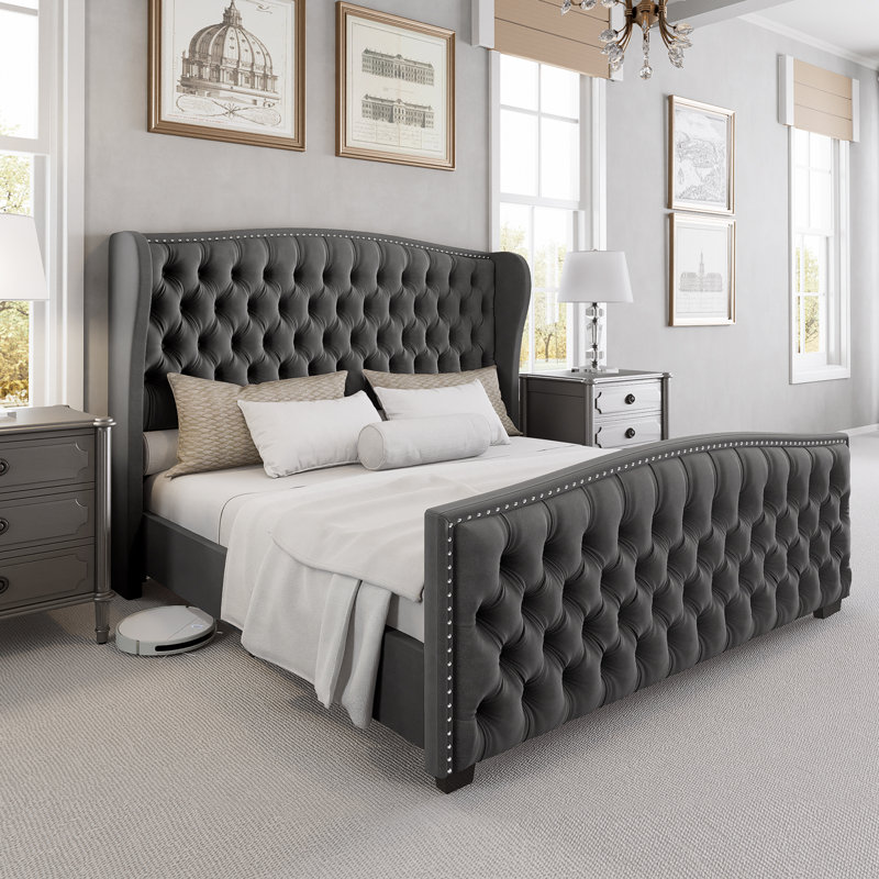 Platform Bed Frame With Wingback Headboard, King, Gray